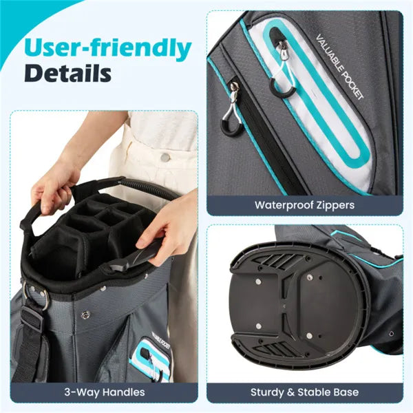 14-Way Golf Cart Bag - 6 Zippered Pockets+Cooler Pocket, Waterproof Zippers, Gray+Blue